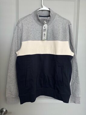 Original Penguin Grey White Navy Colorblock Quarter-Zip Pullover